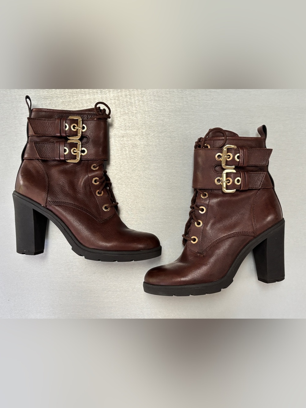 GUESS Brown Leather Lace-Up Block Heel Ankle Boots with Gold Buckles 8.5